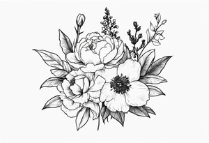 small flower bouquet with a peony, larkspur, rose, and daffodil with stems showing tattoo idea