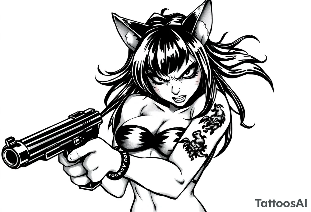 naked catgirl, slut, angry, anime, holding gun, black tattoo idea