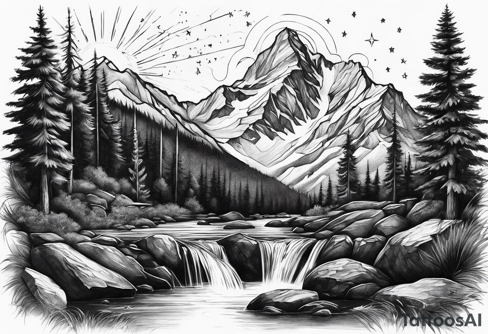 mountains, nature, stars, cross, waterfall, water tattoo idea