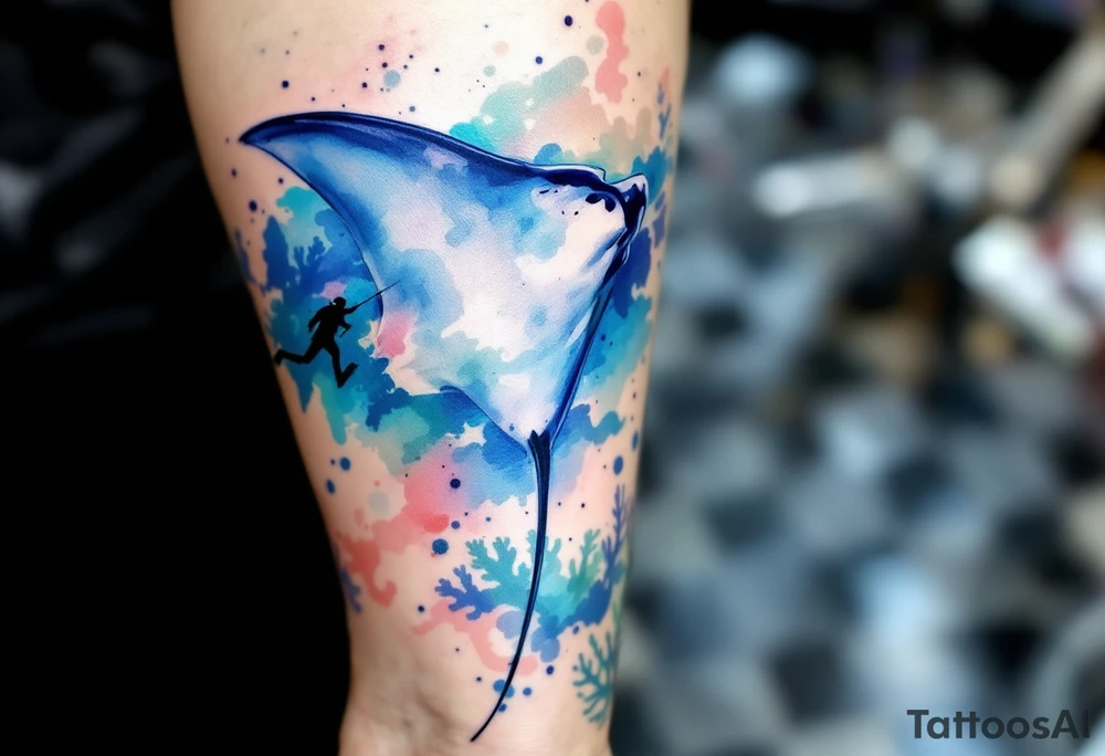 Manta ray swimming, diver bellow, coral reef bellow for forearm tattoo idea