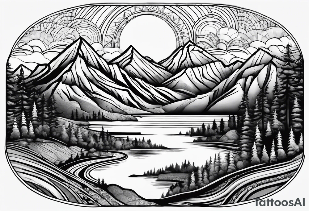 mountains, road, lake, yurt, sun tattoo idea