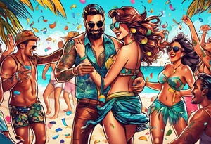 vintage beach dance party with music and confetti, tropical drinks tattoo idea