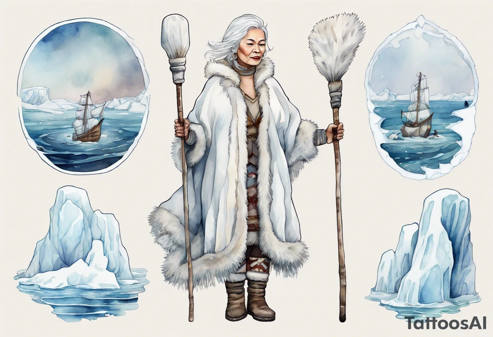 a middle aged Inuit woman with white hair, wearing mittens, wearing a white cloak, holding a white staff, wearing mukluks, standing on an iceberg in the sea tattoo idea
