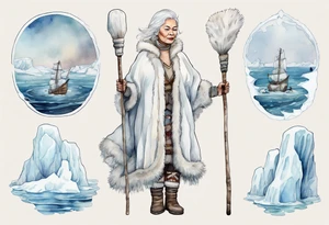 a middle aged Inuit woman with white hair, wearing mittens, wearing a white cloak, holding a white staff, wearing mukluks, standing on an iceberg in the sea tattoo idea