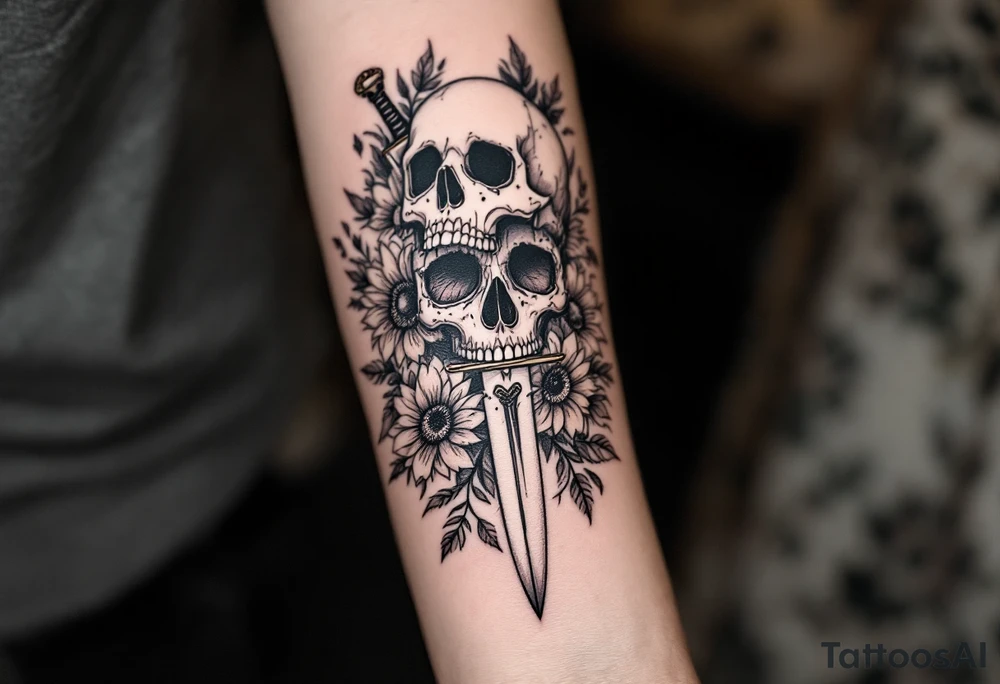 Skull, heart and dagger with roses and sunflowers tattoo idea