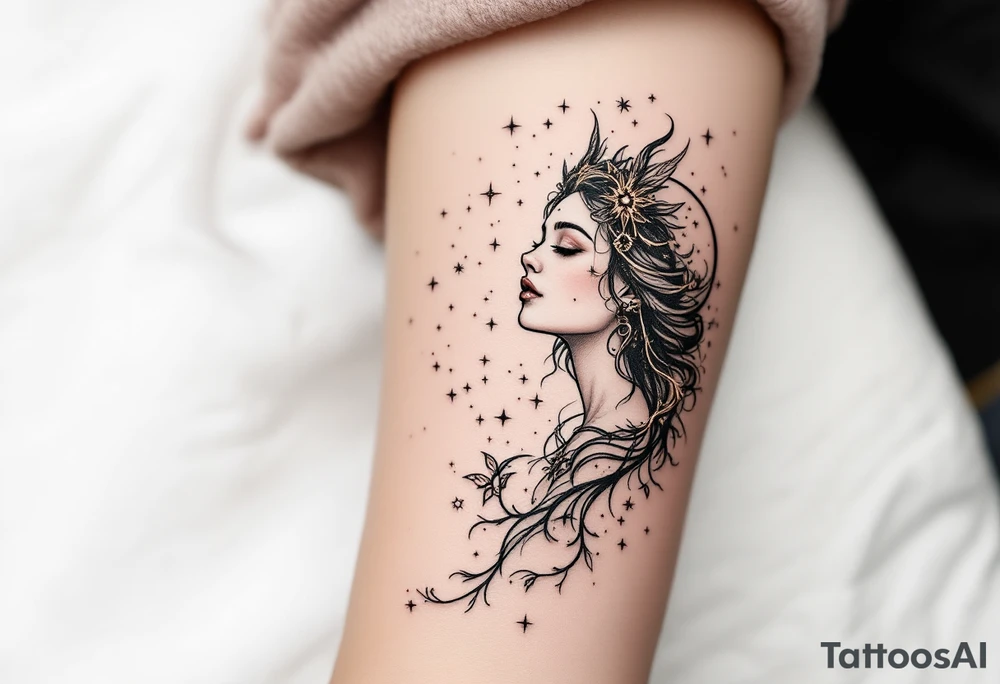 A celestial maiden in shimmering rose gold releases the Virgo constellation like stardust into the sky. tattoo idea
