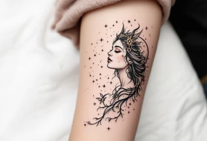 A celestial maiden in shimmering rose gold releases the Virgo constellation like stardust into the sky. tattoo idea
