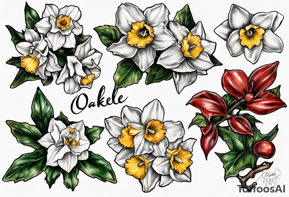 Name OAKLEE with Narcissus and holly flowers tattoo idea