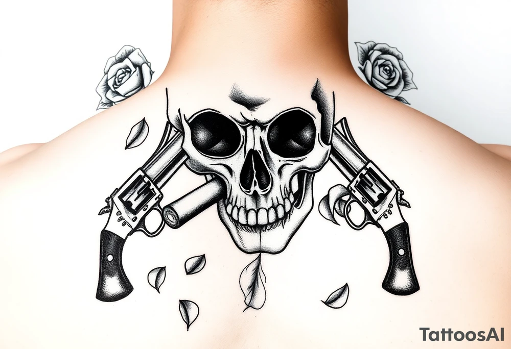 Close-up skull profile, cigar burning, vintage revolvers flanking, rose petals falling. tattoo idea