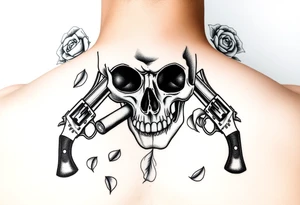 Close-up skull profile, cigar burning, vintage revolvers flanking, rose petals falling. tattoo idea