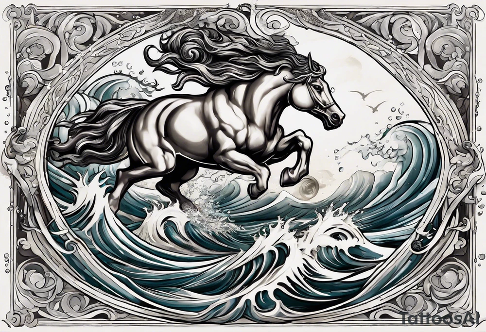 Poseidon (Left Upper Arm):

Poseidon riding a chariot pulled by sea horses, with waves crashing around them.
Poseidon wielding his trident with a powerful stance, commanding the sea.
Dolphins and fish swimming through the waves, along with swirling patterns to represent the movement of water. tattoo idea