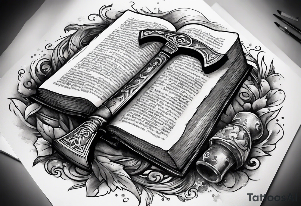 An opened bible with a battle Axe tattoo idea