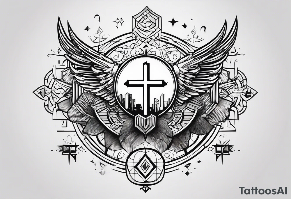 A minimalist tattoo to draw on my right arm with a mix with the cross of Jesus and with some things symbolizing my wife, my daughter, my 2 dogs, some musical elements about keyboards and pianos too and some elements that remember Brazil and the USA tattoo idea