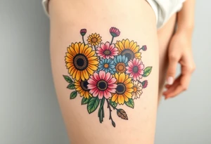 Bouquet of sunflowers, water Lillies, dahlias, marigolds, carnations, hydrangeas, daisys, and chrysanthemums tattoo idea