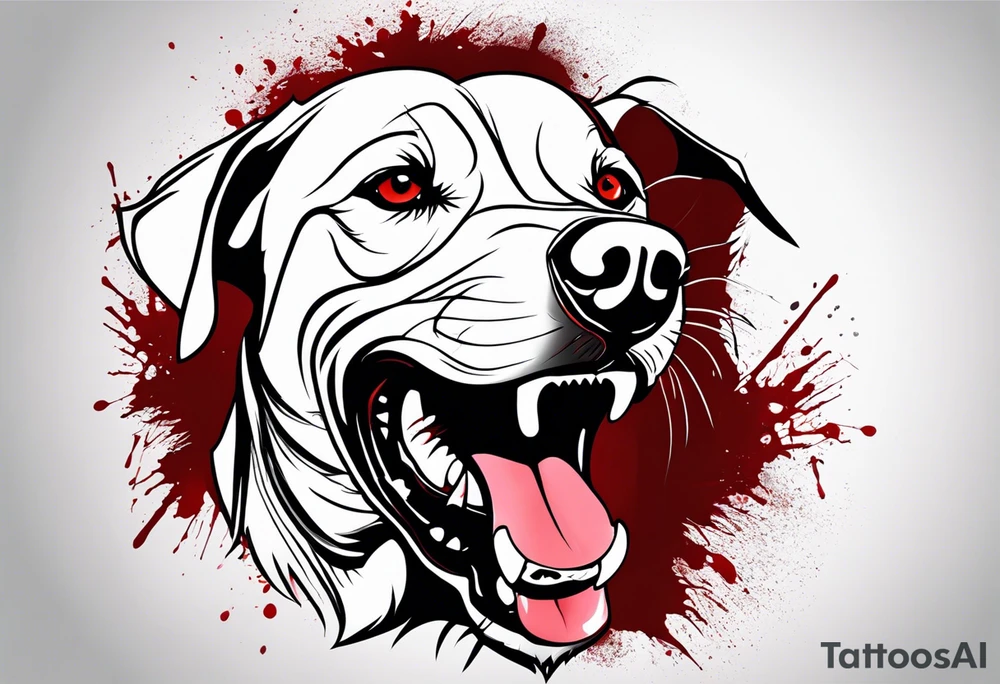 Create aggressive, vicious dog, with some blood coming out of his mouth and saliva. Make it a drawing and use the image of reference. I am going to add. I want HIM TO BE ANGRY WITH RED EYES tattoo idea