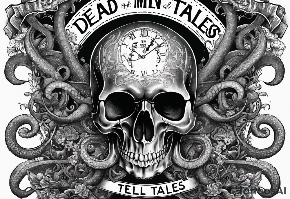 Skull with tentacles and text above and below  “Dead men, tell no tales” tattoo idea