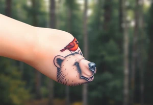 Cardinal sitting on a bear’s nose. The bear looks happy. Forest background tattoo idea