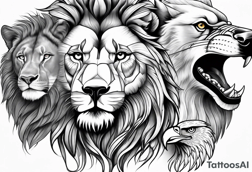 Faces of a Lion, and eagle, and a wolf tattoo idea