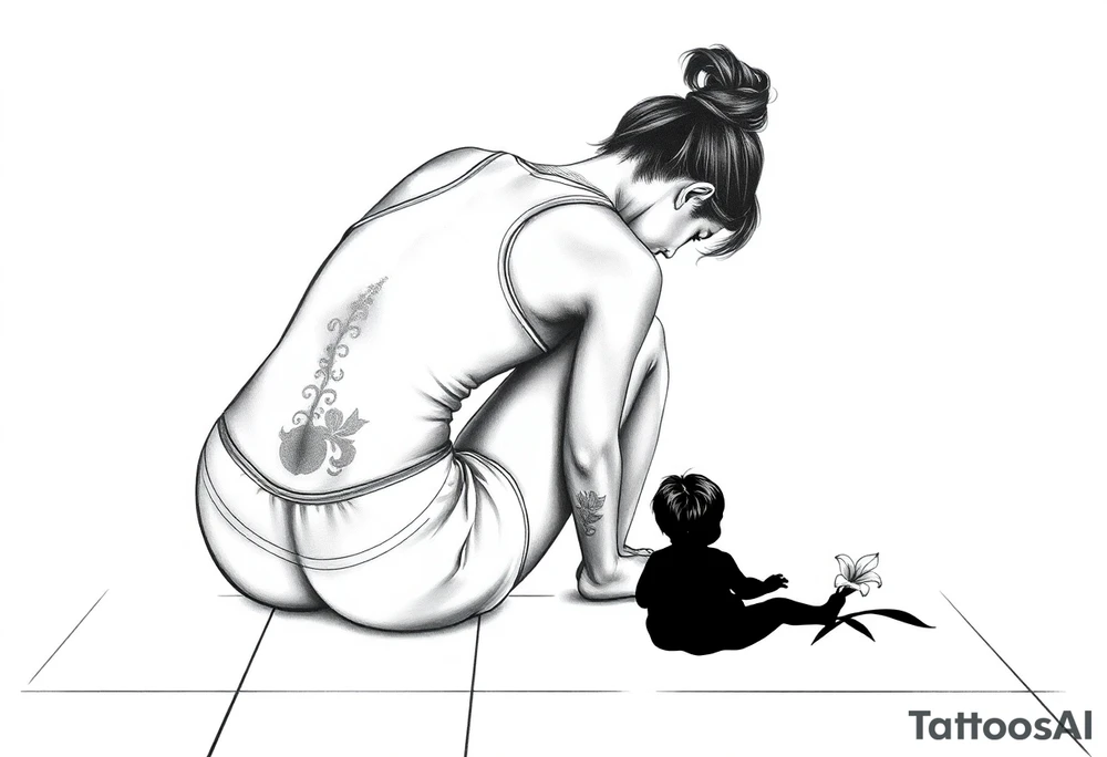 a tile floor with a realistic silhouette of the back of a thin woman sitting curled on the tile floor and a black silhouette of a young child sitting next to her with a lily next to them on the floor. The woman is wearing a Racerback tank top, running shorts, has dark hair pulled up high, and her head is down. tattoo idea