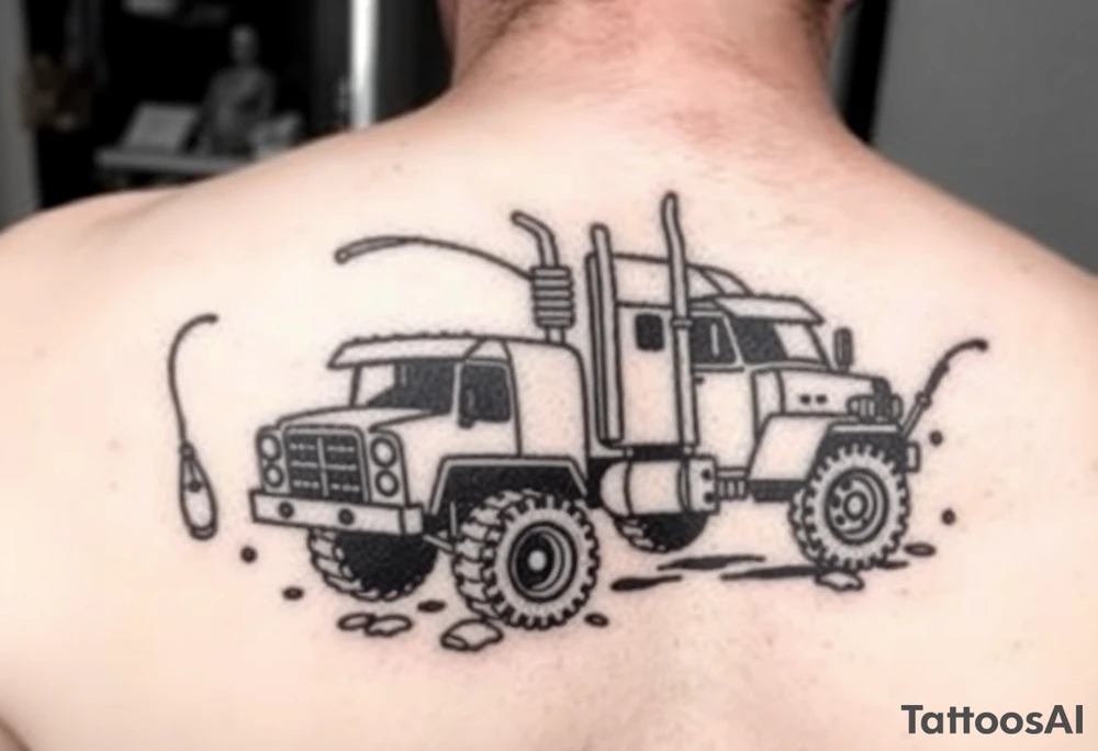 Tattoo with trucks, fishing and anime to representa sons tattoo idea