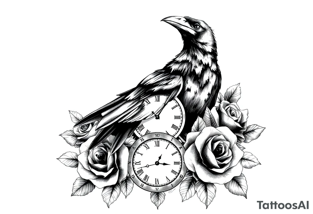 raven,roses,clock. tattoo idea
