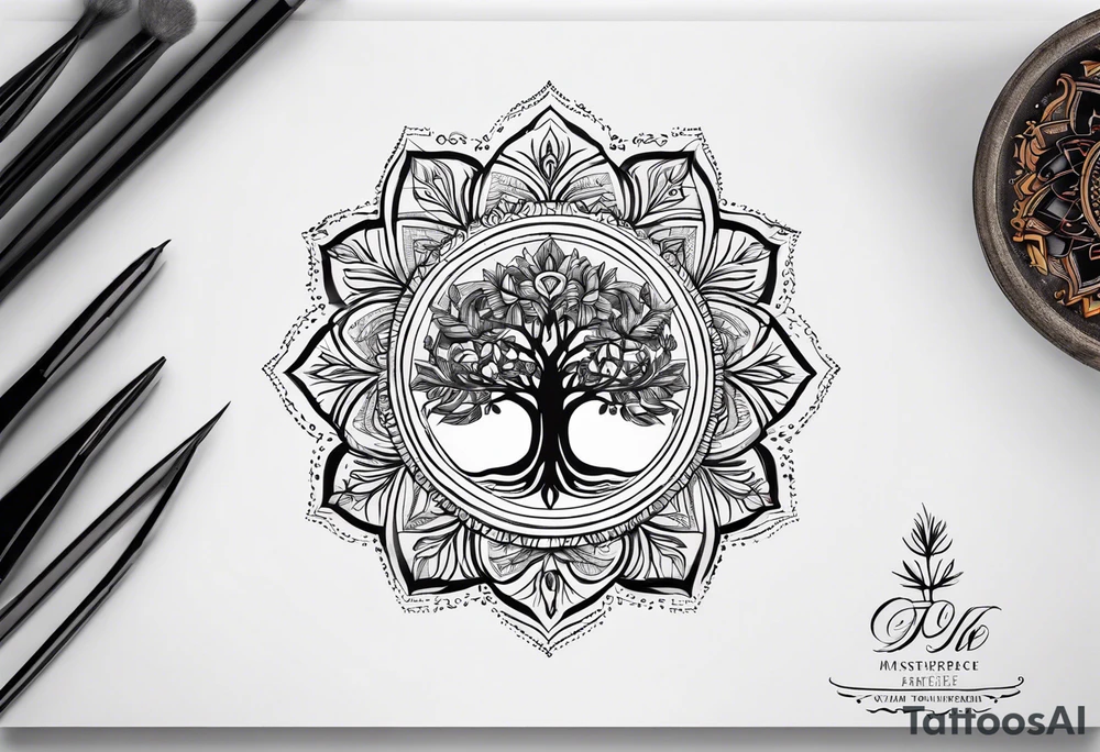 small minimalistic delicate mandala with tree motif tattoo idea