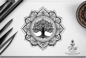 small minimalistic delicate mandala with tree motif tattoo idea