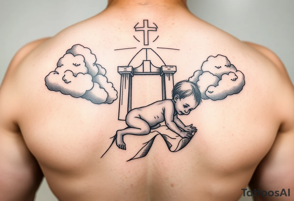 Babyboy crawling up to heavens gate in the clouds tattoo idea