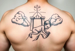 Babyboy crawling up to heavens gate in the clouds tattoo idea
