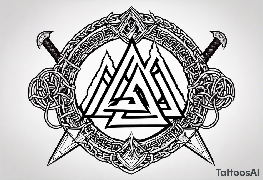 Valhalla sword shield axe barbed wire chains valknut fire tattoo idea Valhalla sword shield axe barbed wire chains valknut fire tattoo idea