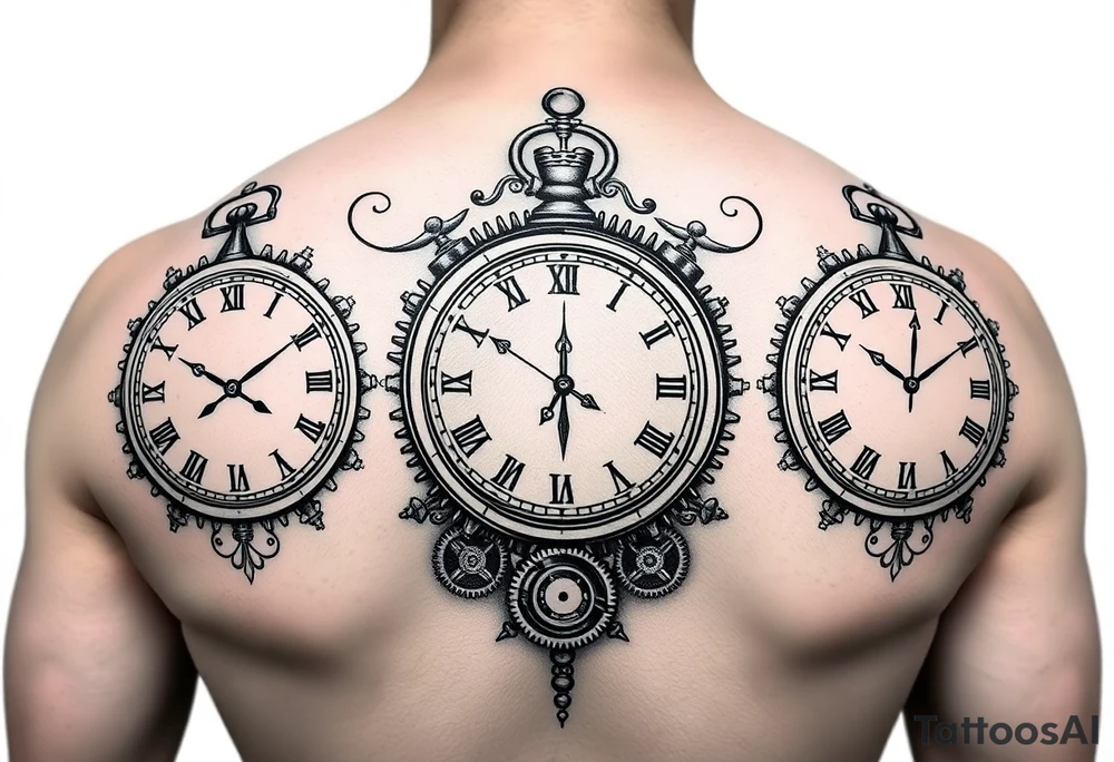 3 clocks with different times. Clock cogs and gears. Libra, Gemini and cancer star signs included in a half sleeve tattoo tattoo idea