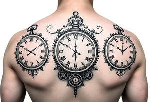 3 clocks with different times. Clock cogs and gears. Libra, Gemini and cancer star signs included in a half sleeve tattoo tattoo idea