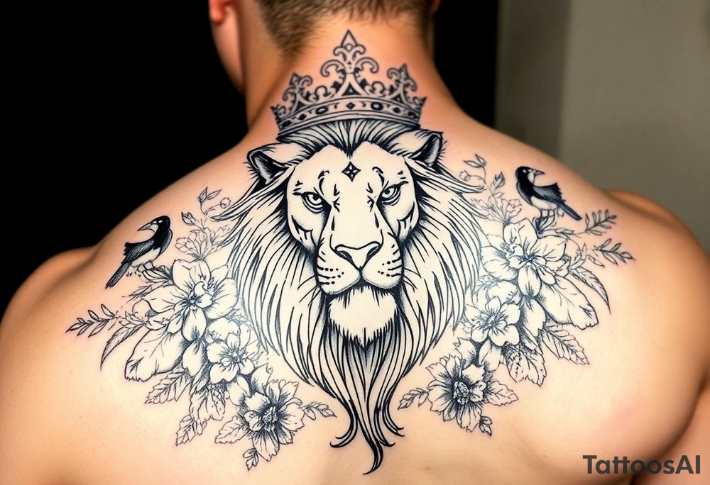 powerful majestic lion with a crown, surrounded by floral ornaments and birds tattoo idea