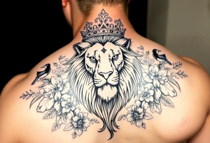 powerful majestic lion with a crown, surrounded by floral ornaments and birds tattoo idea