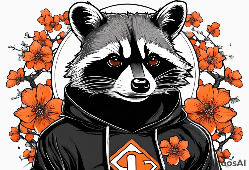 Raccoon wearing a white Superman logo on a black hoodie and orange Japanese cherry blossoms beside tattoo idea