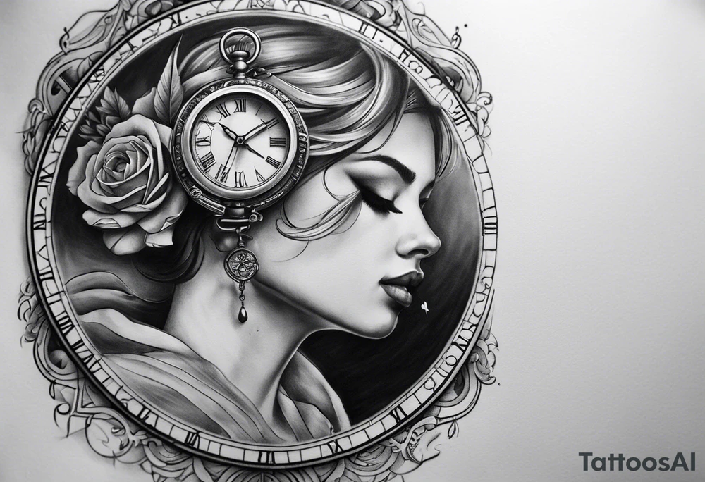 Dessine-moi un tattoo représentant une horloge intégrée à un sablier . En second plan on retrouve des chiffres romains. Le tatouage et noir et blanc et se porte sur l'épaule gauche tattoo idea