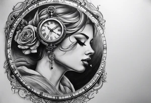 Dessine-moi un tattoo représentant une horloge intégrée à un sablier . En second plan on retrouve des chiffres romains. Le tatouage et noir et blanc et se porte sur l'épaule gauche tattoo idea