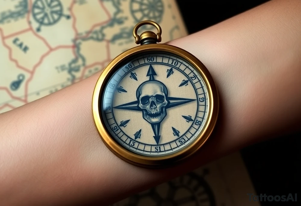 The Lone Compass – An antique brass compass with a cracked glass cover, resting on a weathered map with faded red markings. The north arrow is twisted, pointing toward an ominous skull island in the distance. tattoo idea