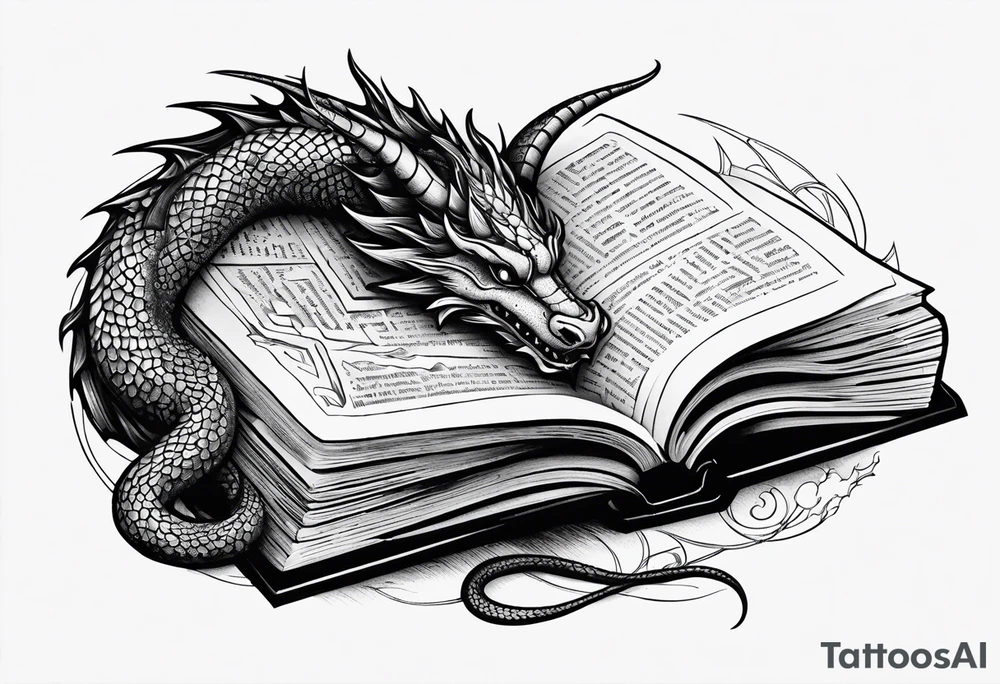 An open book with a dragon curled up and resting underneath it. It will have symbols from different well known Young Adult books coming out of it. tattoo idea