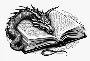 An open book with a dragon curled up and resting underneath it. It will have symbols from different well known Young Adult books coming out of it. tattoo idea