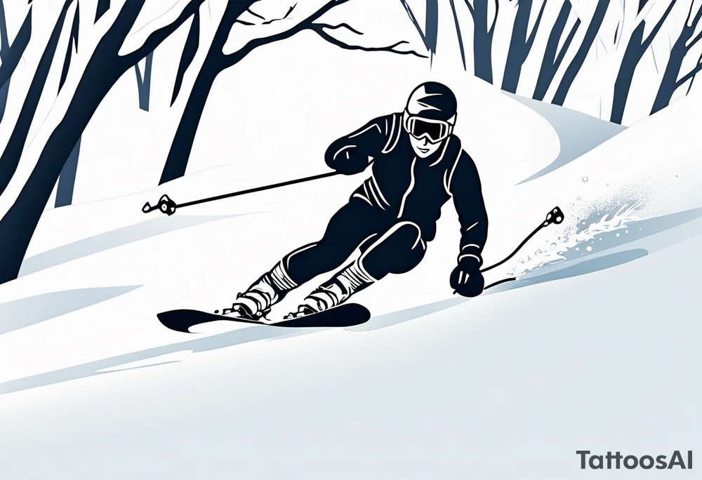 minimalist tattoo of a snow skier sking through trees showing ski trail tattoo idea