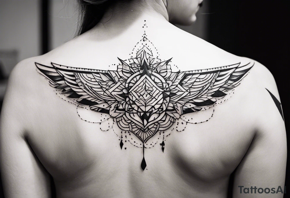 Wide tattoo that appears to be bursting out of the skin, symbolizing freedom. The tattoo should be vibrant and dynamic, with bold lines and colors that evoke a sense of liberation and empowerment. Consider incorporating elements such as broken chains, or other symbols of freedom. The tattoo should be visually striking and thought-provoking, inviting the viewer to reflect on the importance of personal freedom. tattoo idea