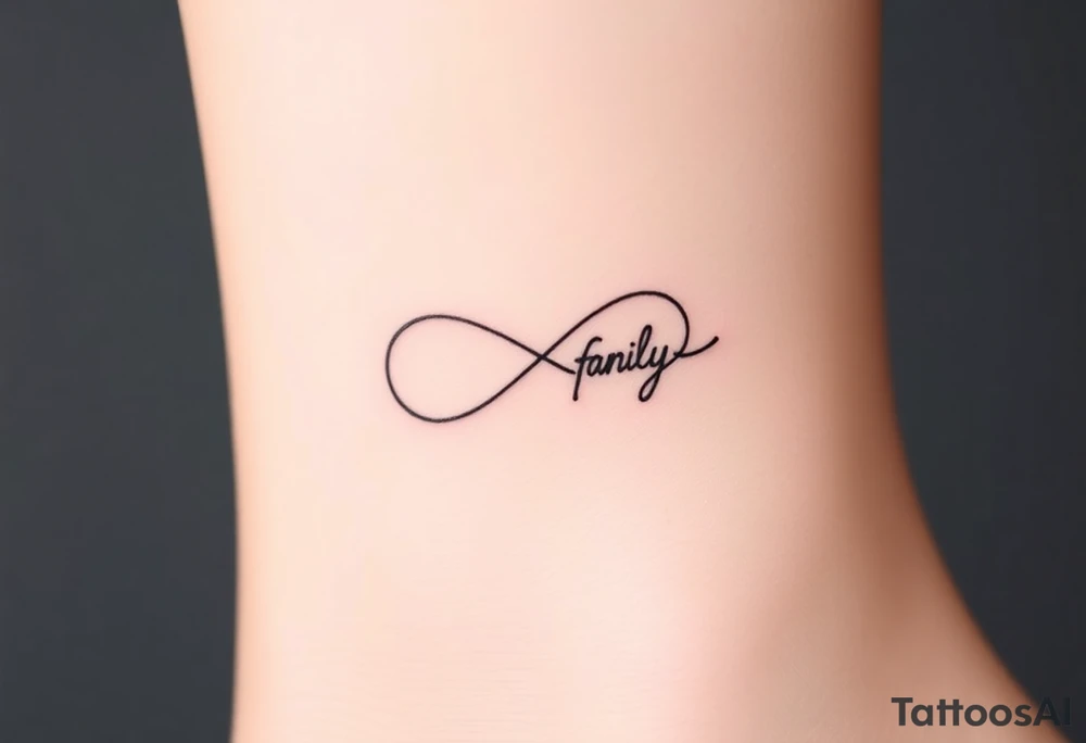 A minimalist infinity symbol composed of thin, intersecting lines, with the word "family" subtly incorporated along the curve in a contemporary font tattoo idea