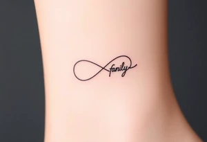 A minimalist infinity symbol composed of thin, intersecting lines, with the word "family" subtly incorporated along the curve in a contemporary font tattoo idea