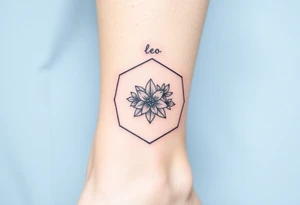 Faint Hexagon with astrological sign for Leo, larkspur and water lilies in the center tattoo idea