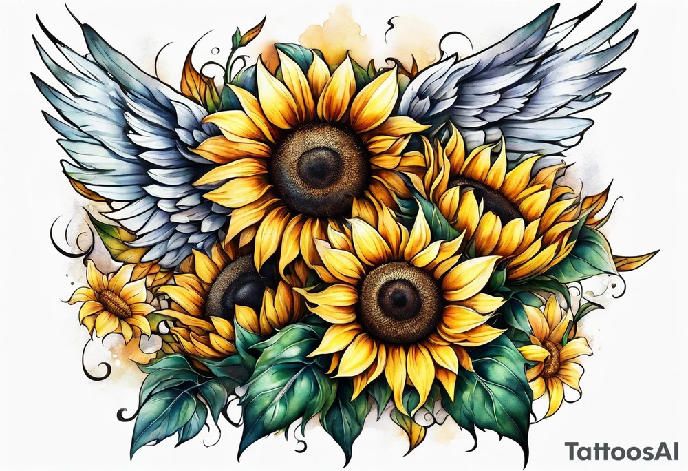 Sunflowers and angel wings leg sleeve tattoo idea