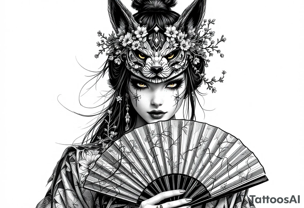 japanese samurai woman wearing a kitsune half-mask and  holding a fan with irises flowers tattoo idea