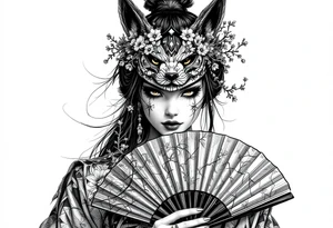 japanese samurai woman wearing a kitsune half-mask and  holding a fan with irises flowers tattoo idea