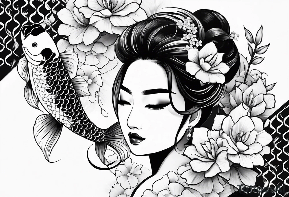 karpa koi whit flower and water tattoo idea
