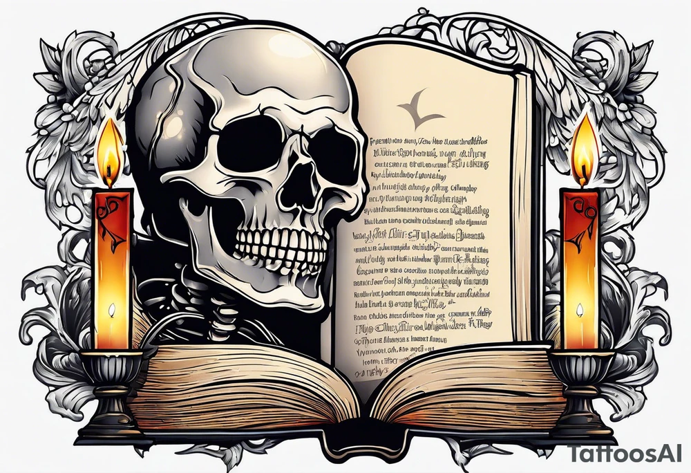 skeleton reading a holy bible by candle light tattoo idea